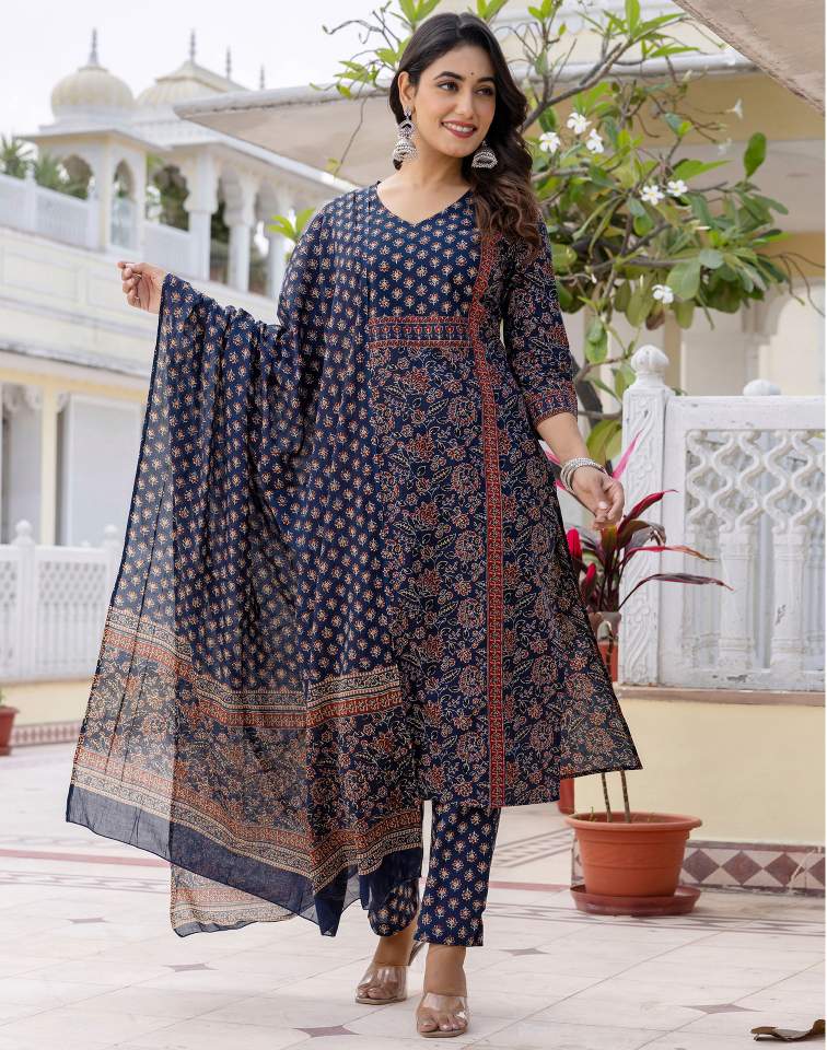 Navy Blue Silk Printed V Neck 3/4 Sleeve Straight Kurta Set With Pant & Dupatta