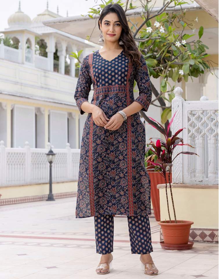 Navy Blue Silk Printed V Neck 3/4 Sleeve Straight Kurta Set With Pant & Dupatta
