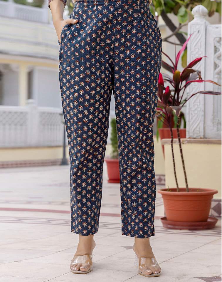 Navy Blue Silk Printed V Neck 3/4 Sleeve Straight Kurta Set With Pant & Dupatta