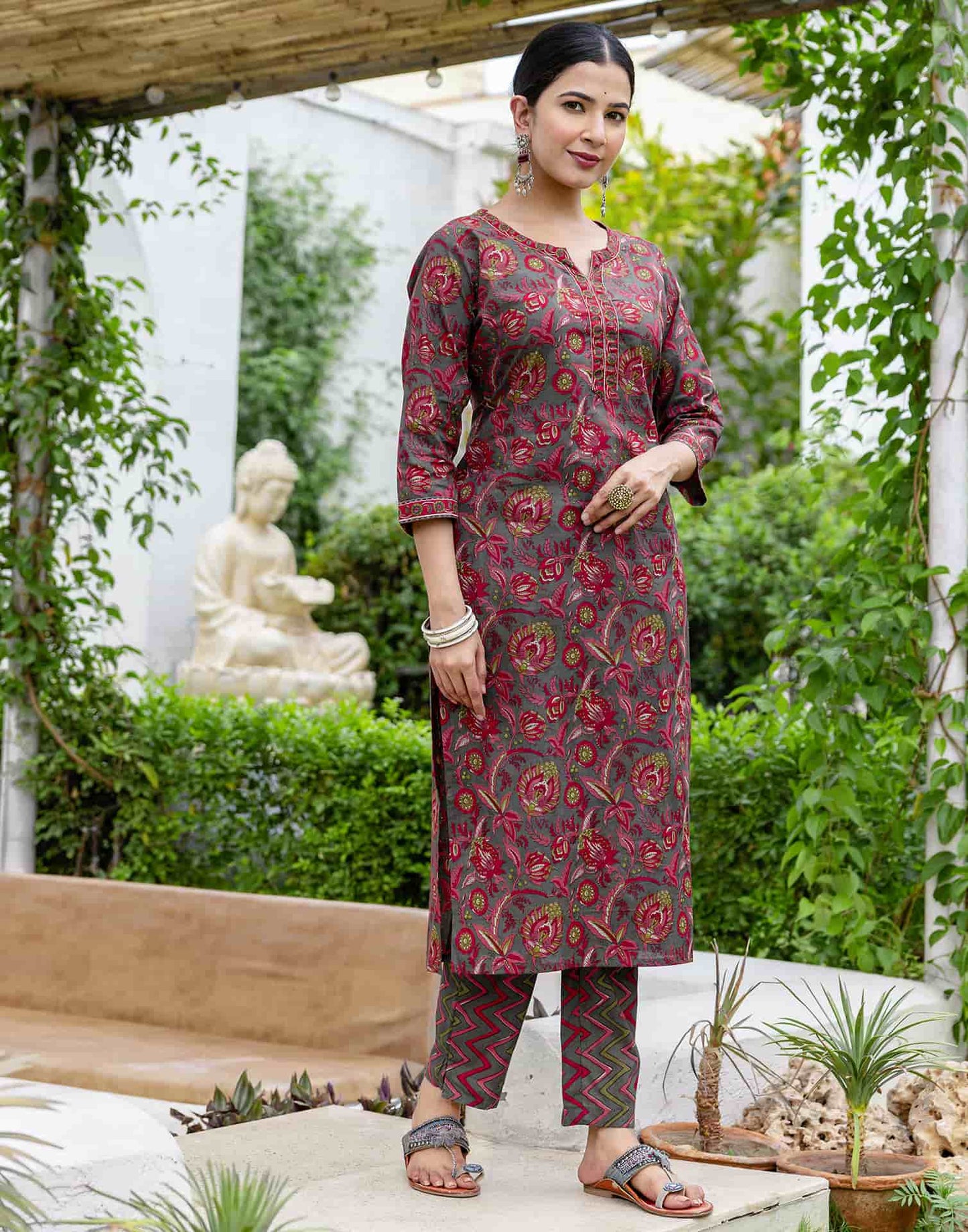 Cotton Printed A-Line Kurta with Pant & Dupatta