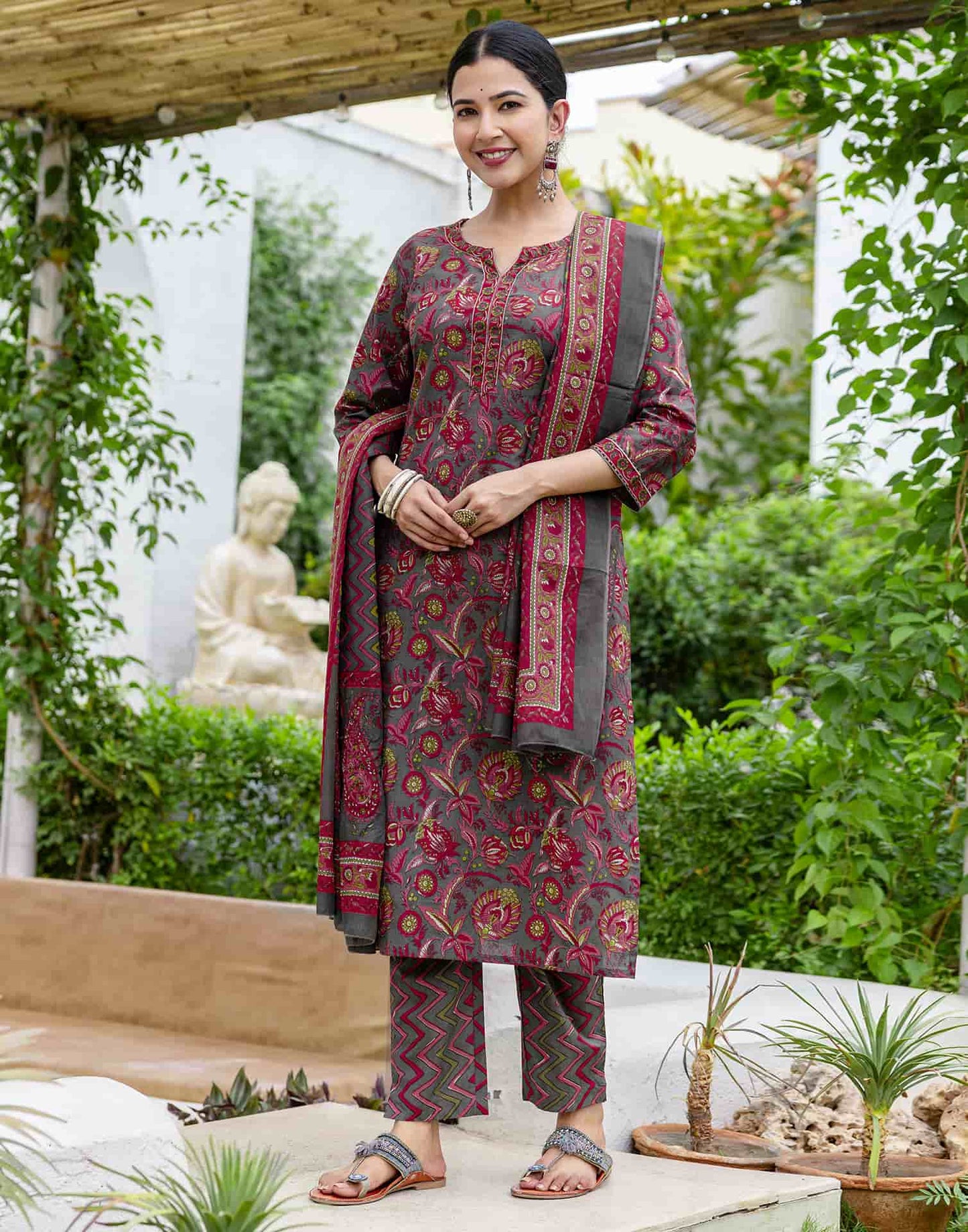 Cotton Printed A-Line Kurta with Pant & Dupatta
