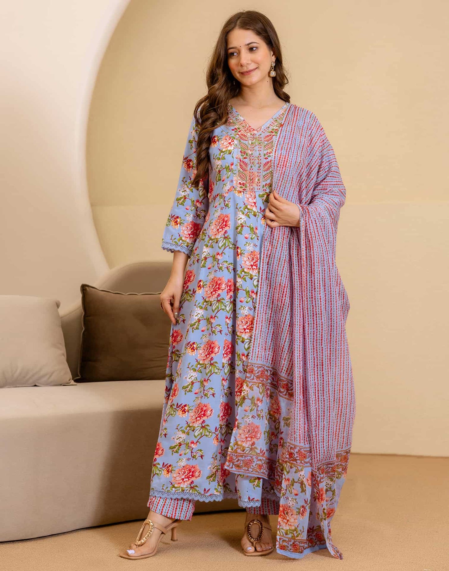 Cotton Printed Anarkali Kurta with Pant & Dupatta