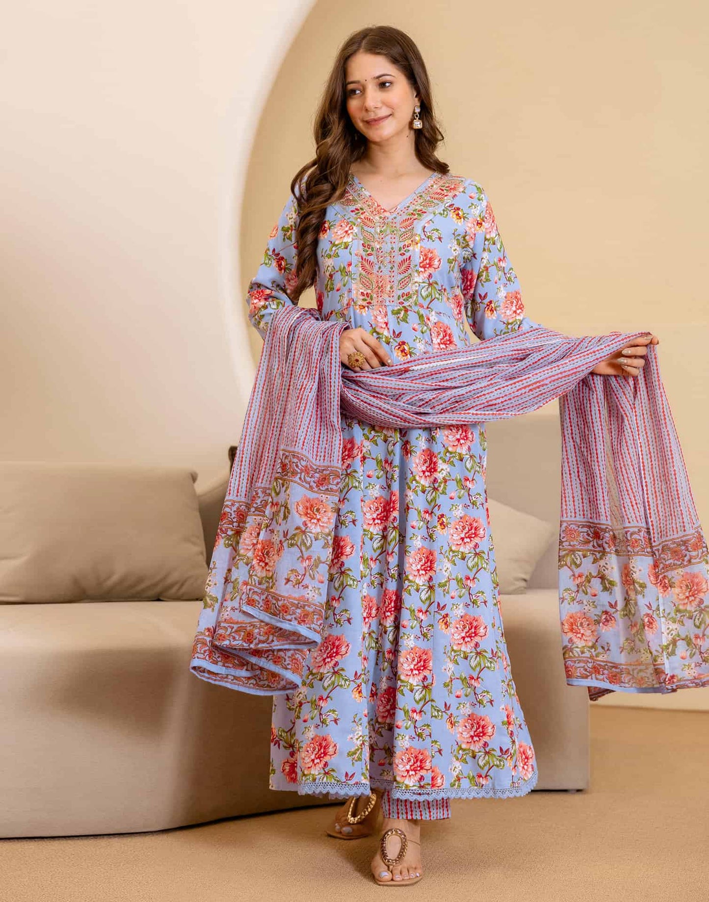 Cotton Printed Anarkali Kurta with Pant & Dupatta
