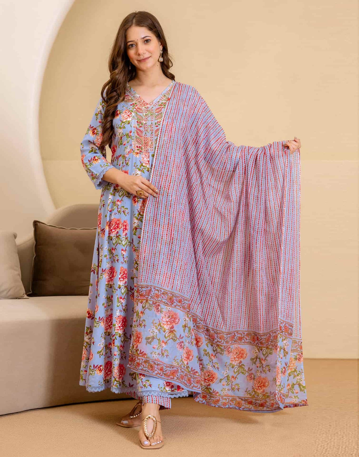 Cotton Printed Anarkali Kurta with Pant & Dupatta
