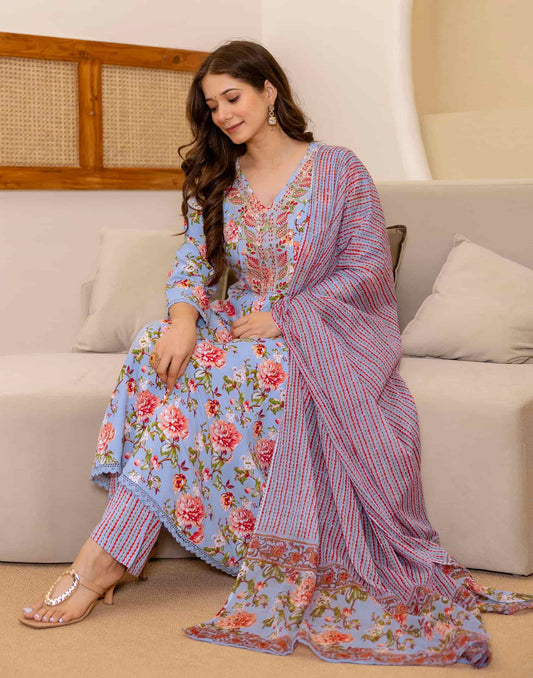 Cotton Printed Anarkali Kurta with Pant and Dupatta for Women