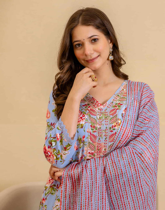 Cotton Printed Anarkali Kurta with Pant and Dupatta for Women