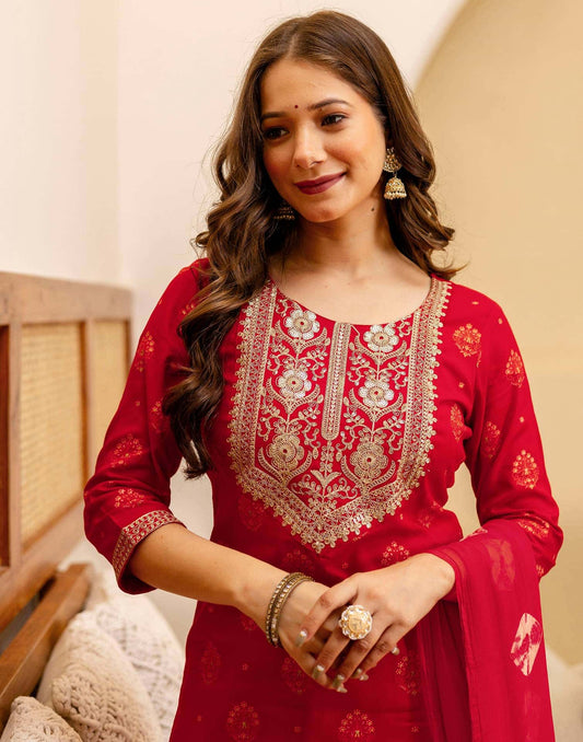 Cotton Embroidered Straight Kurta with Pant & Dupatta