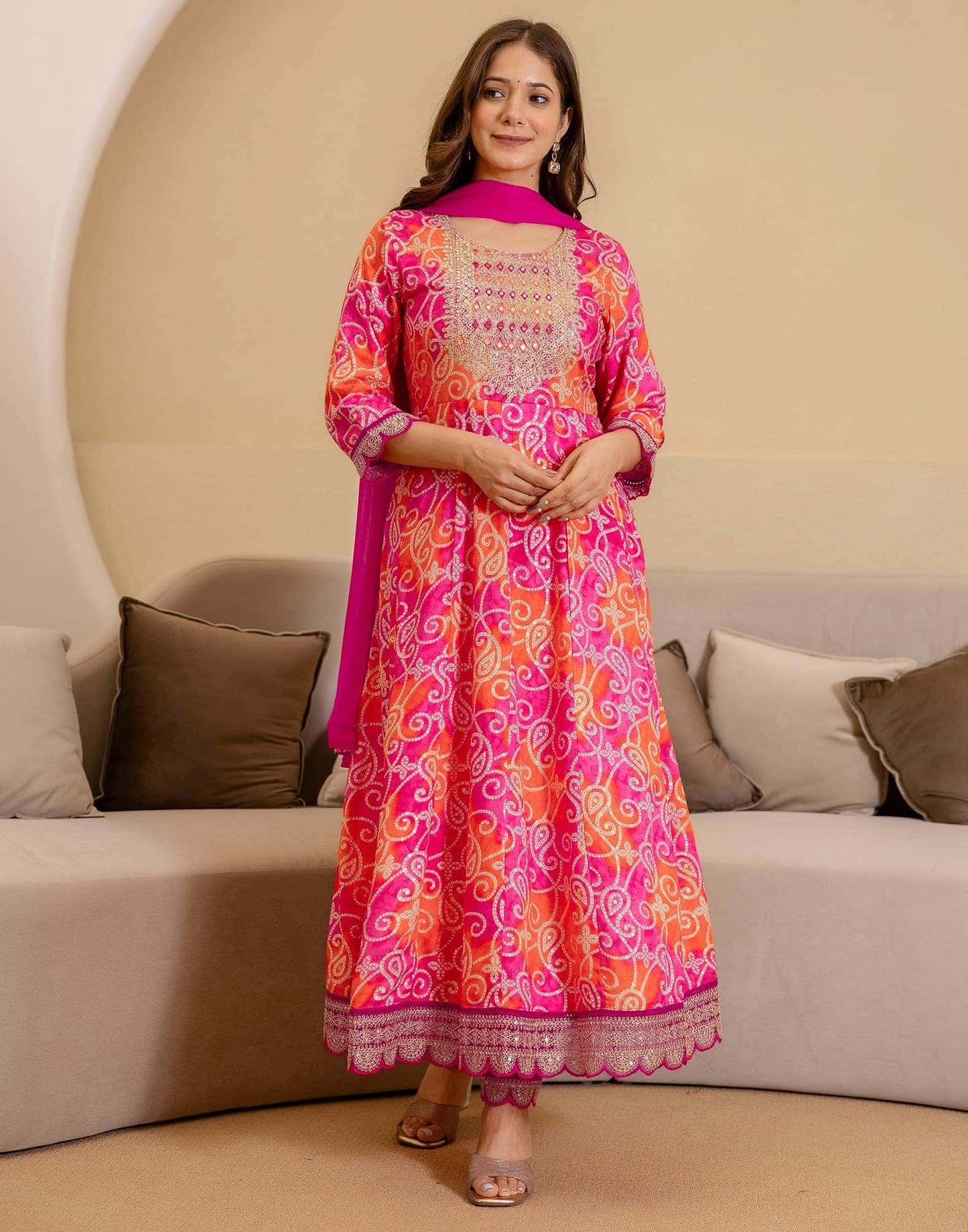 Rayon Printed Anarkali Kurta with Pant & Dupatta