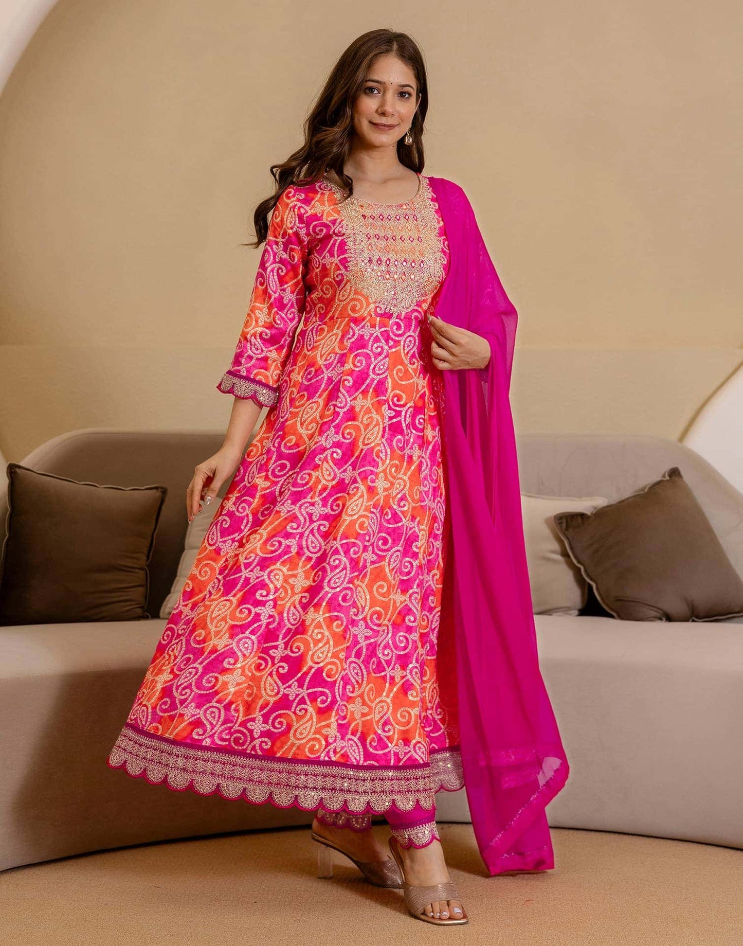 Rayon Printed Anarkali Kurta with Pant & Dupatta