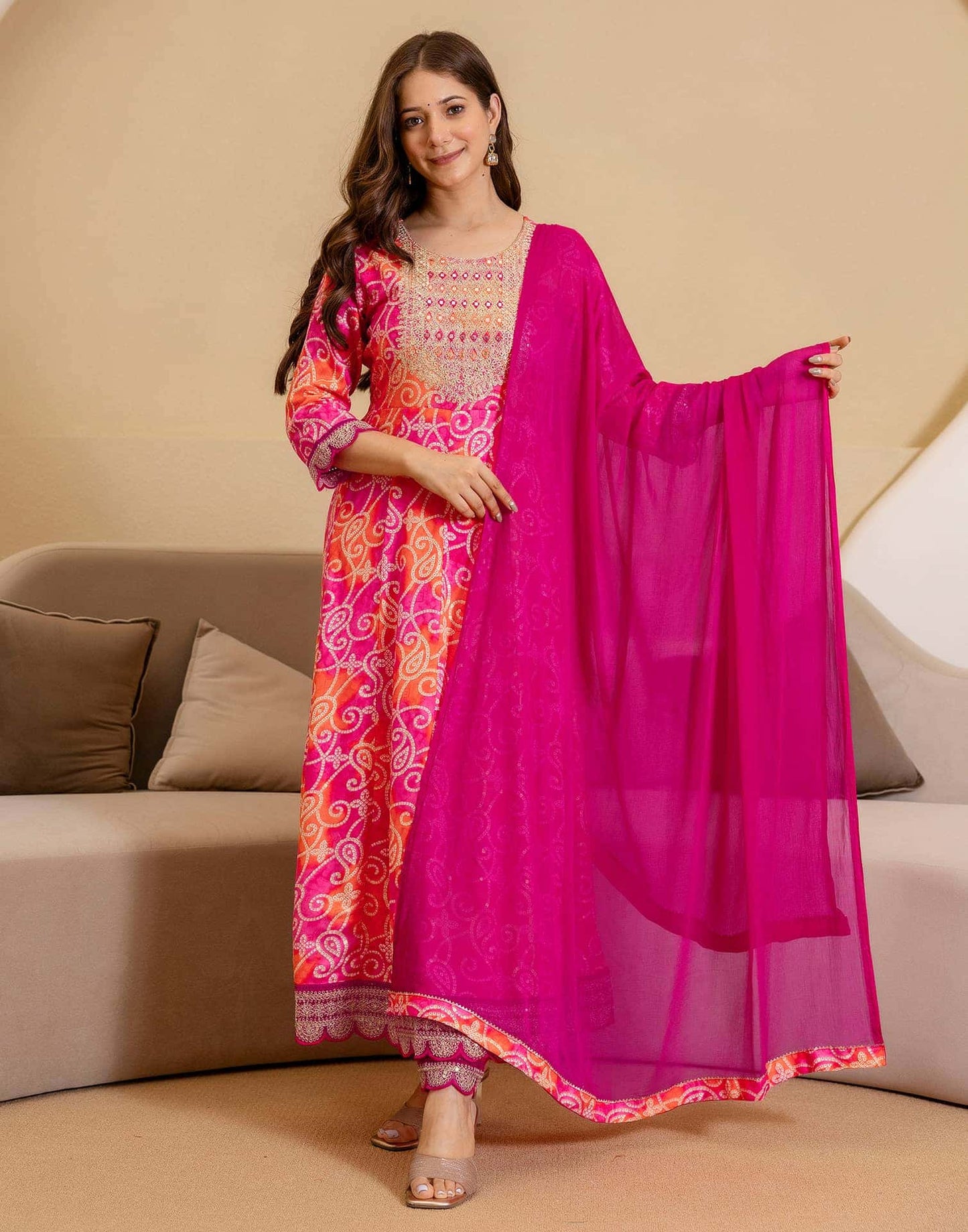 Rayon Printed Anarkali Kurta with Pant & Dupatta