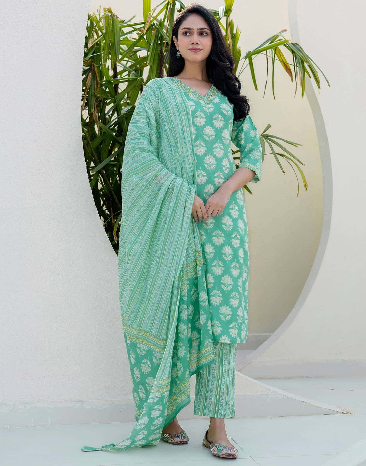 Cotton Printed, Embroidery and Mirror Work, Lace Straight Kurta with Pant & Dupatta