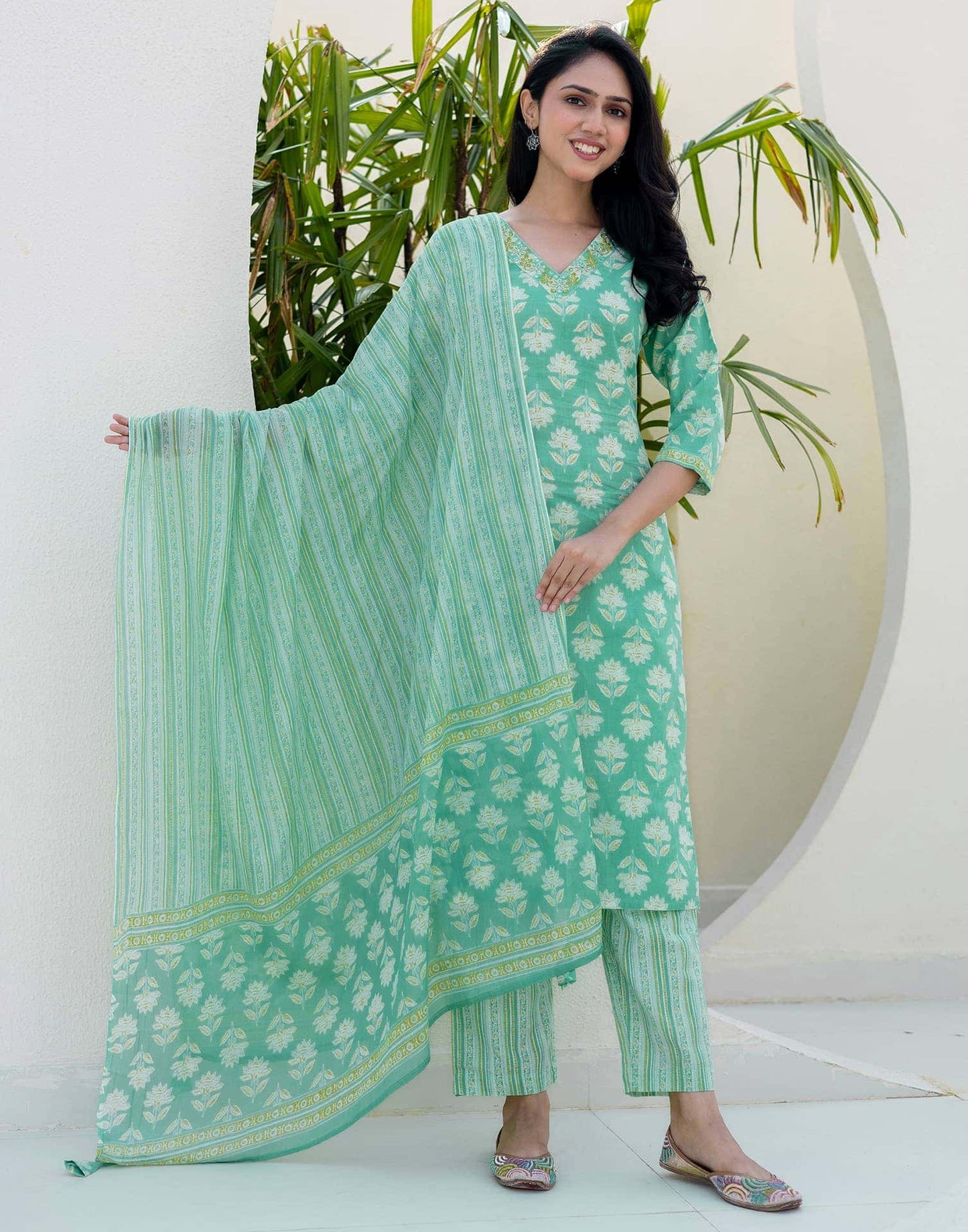 Cotton Printed, Embroidery and Mirror Work, Lace Straight Kurta with Pant & Dupatta