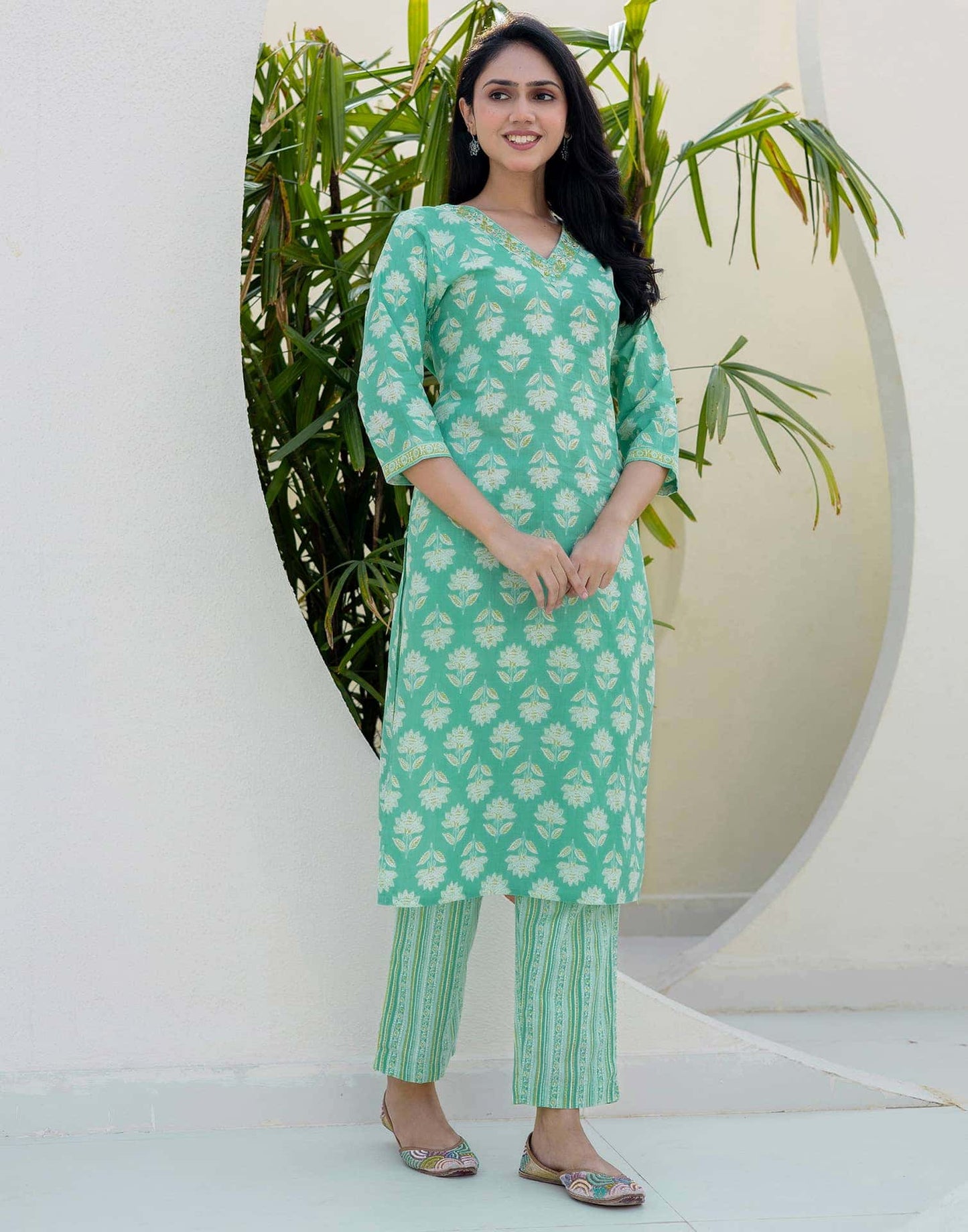 Cotton Printed, Embroidery and Mirror Work, Lace Straight Kurta with Pant & Dupatta