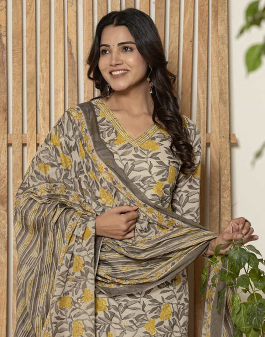 Cotton Straight Printed V-Neck Kurta with Pant & Dupatta