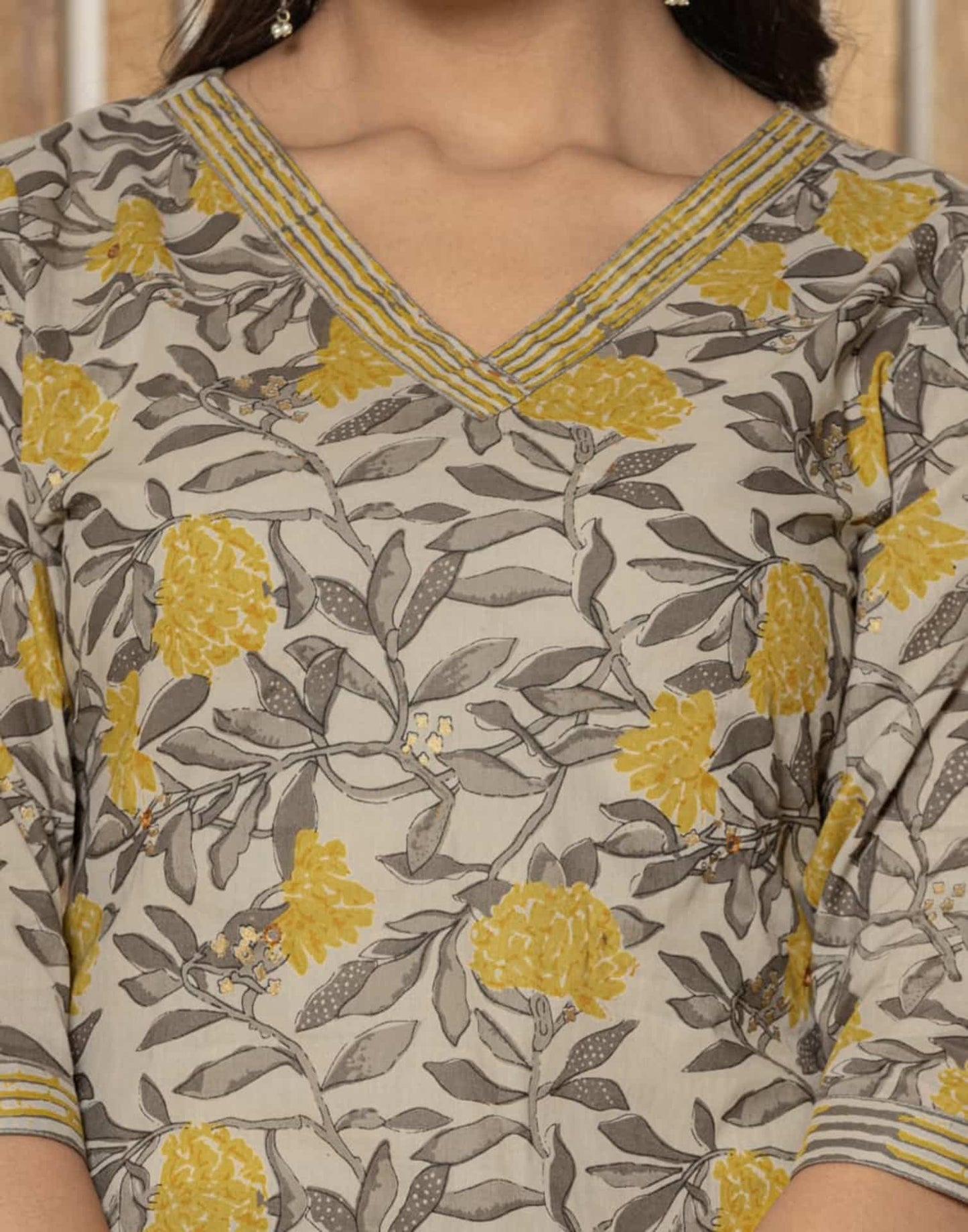 Cotton Straight Printed V-Neck Kurta with Pant & Dupatta