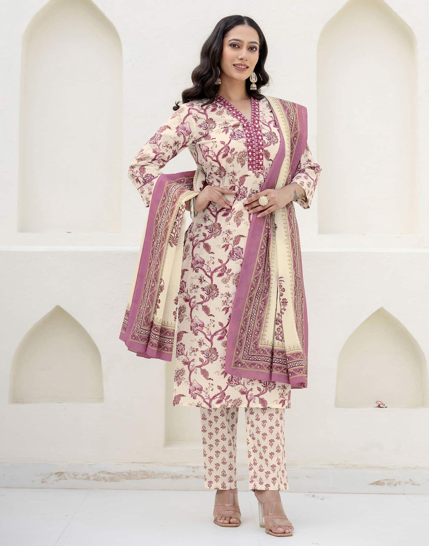 Cotton Printed, Embroidery and Mirror Work, Foil Print A-Line Kurta with Pant & Dupatta