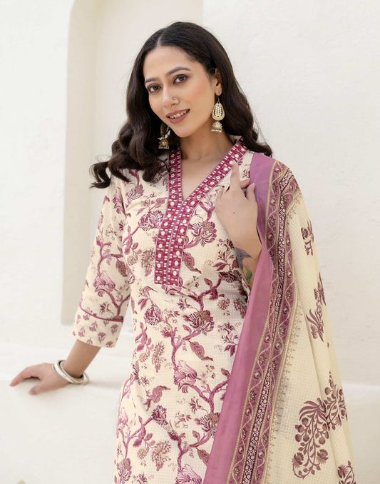 Cotton Printed, Embroidery and Mirror Work, Foil Print A-Line Kurta with Pant & Dupatta