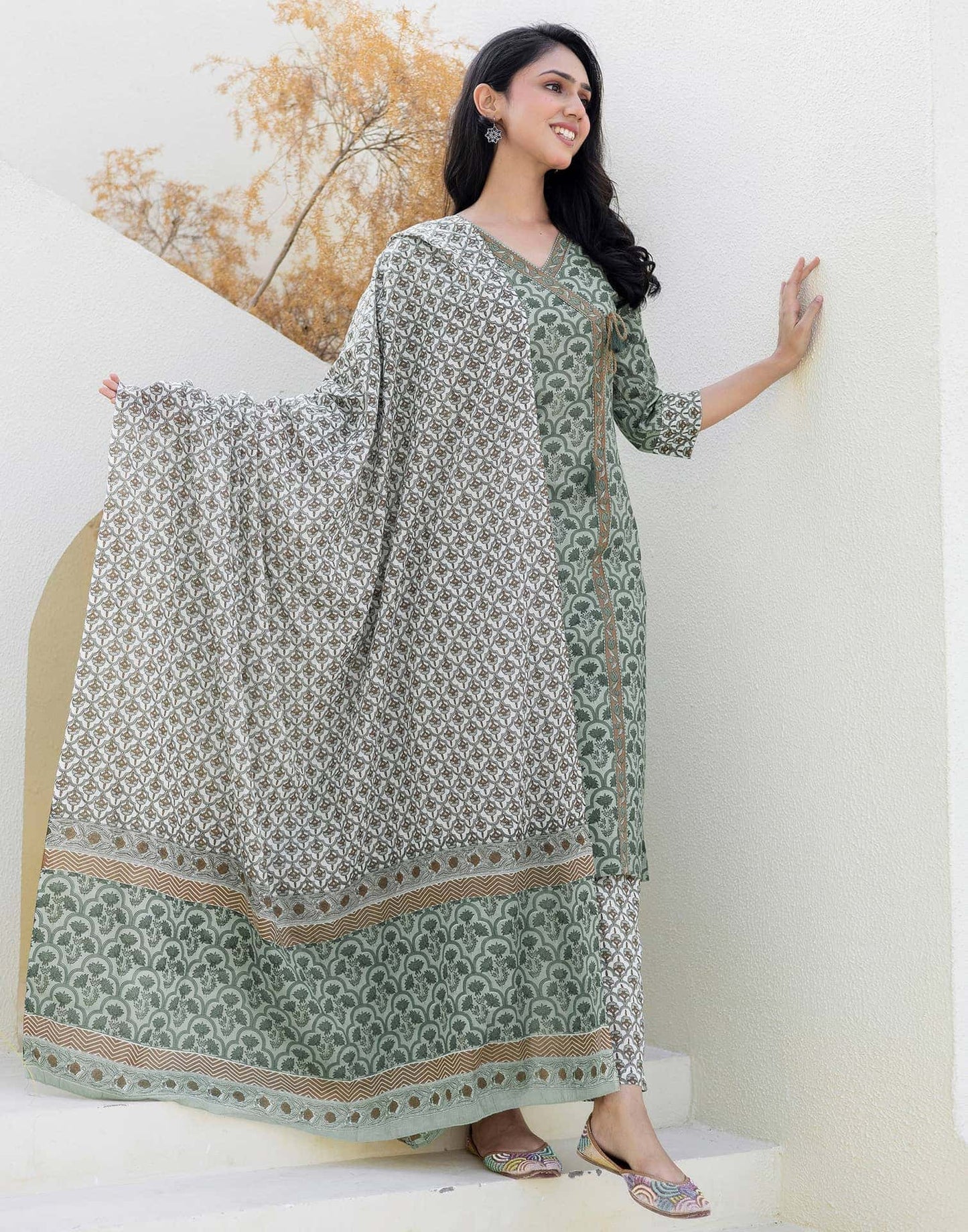 Cotton Printed, Tassels, Fabric Lace Straight Kurta with Pant & Dupatta