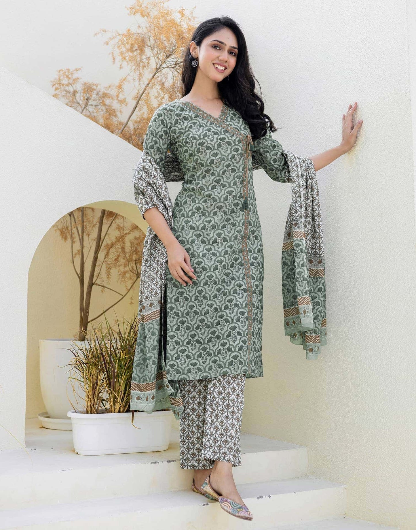 Cotton Printed, Tassels, Fabric Lace Straight Kurta with Pant & Dupatta