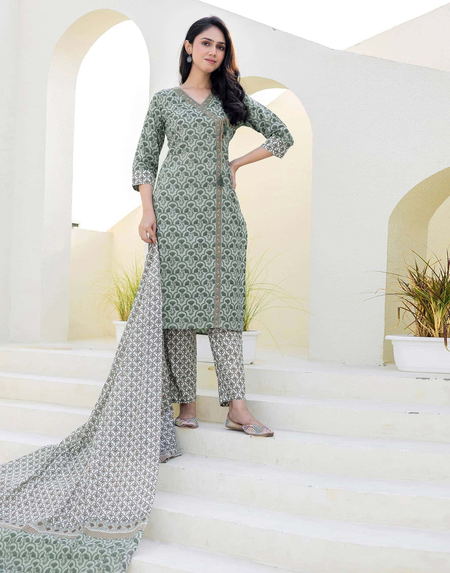Cotton Printed, Tassels, Fabric Lace Straight Kurta with Pant & Dupatta