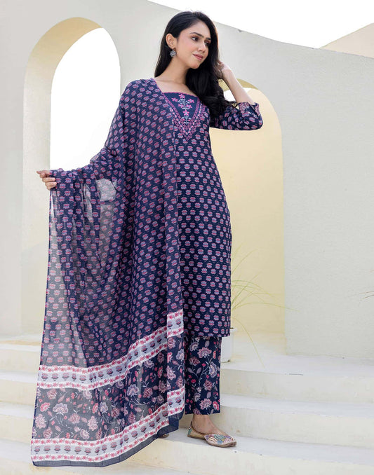 Cotton Embroidery and Sequins Work, Printed, Fabric Lace Straight Kurta with Pant & Dupatta