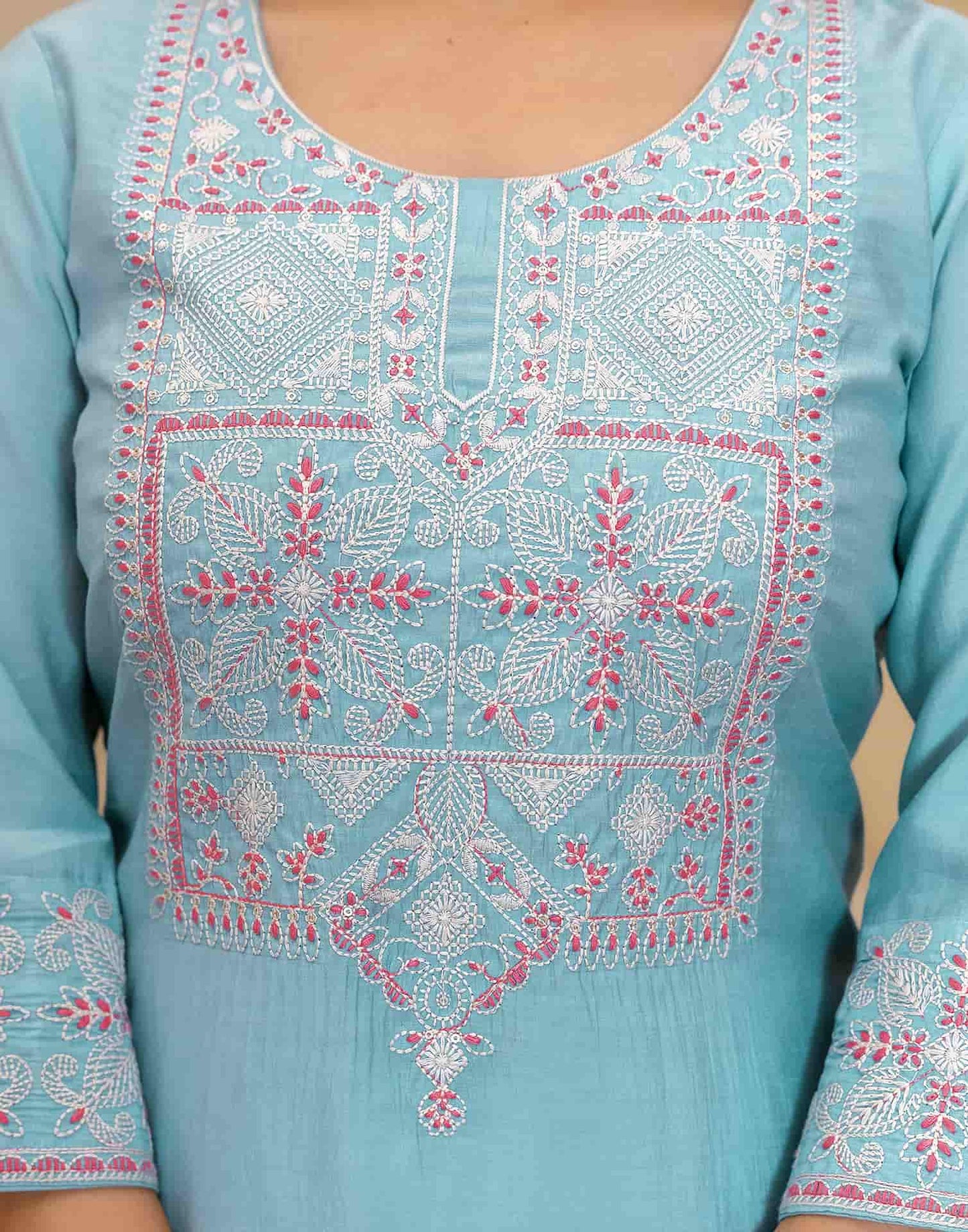 Silk Blend Embroidered Straight Kurta with Pant & Dupatta