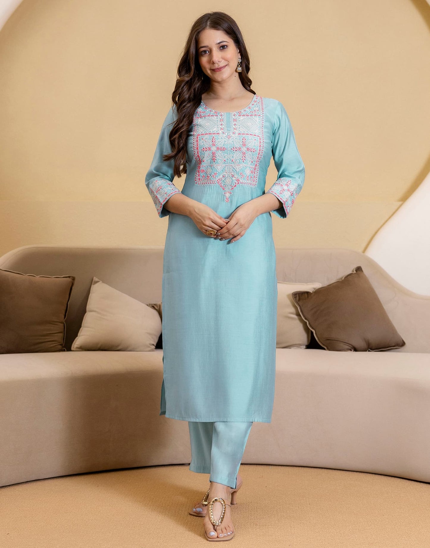 Silk Blend Embroidered Straight Kurta with Pant & Dupatta
