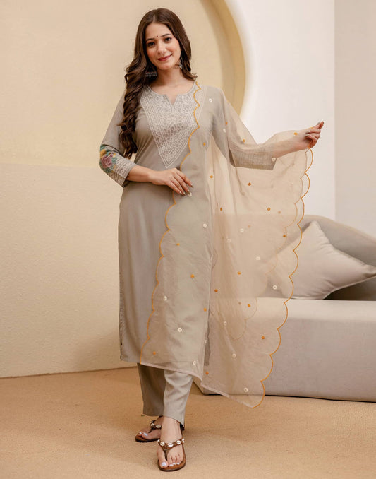 Rayon Embroidered Straight Kurta with Pant & Dupatta