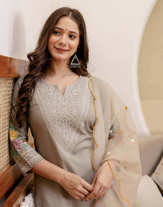 Rayon Embroidered Straight Kurta with Pant & Dupatta