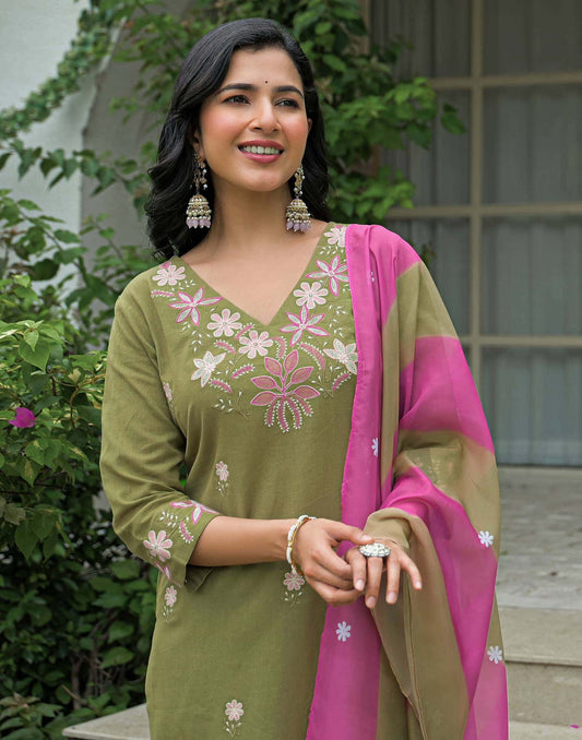 Cotton Embroidered Straight Kurta with Pant & Dupatta