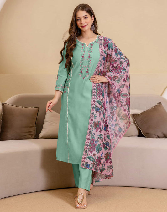 Green Silk Embroidered Straight Kurta Set with Pant and Dupatta