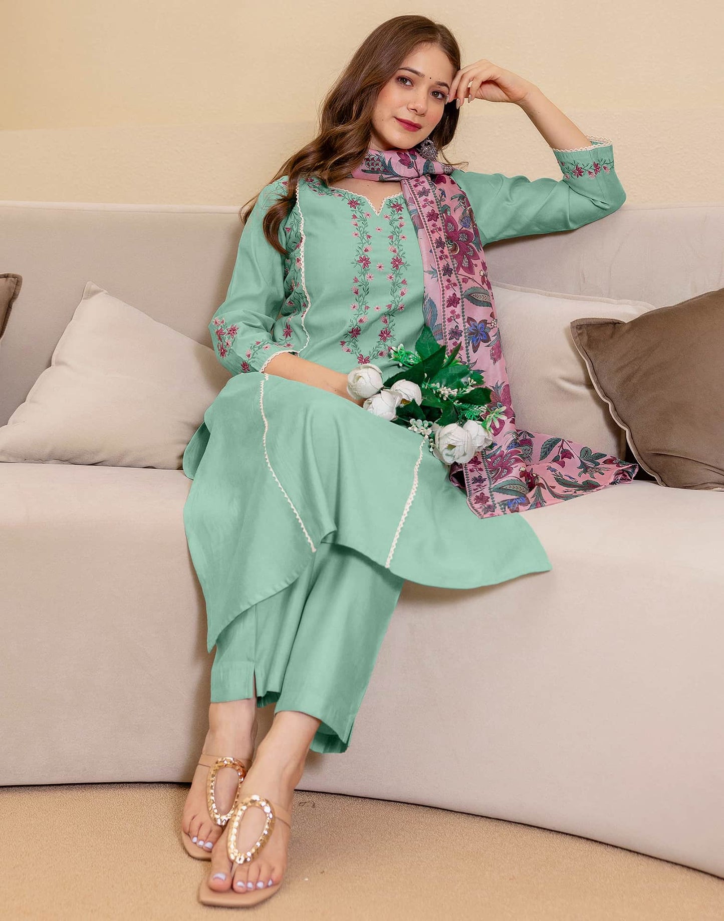 Silk Embroidered Straight Kurta with Pant & Dupatta