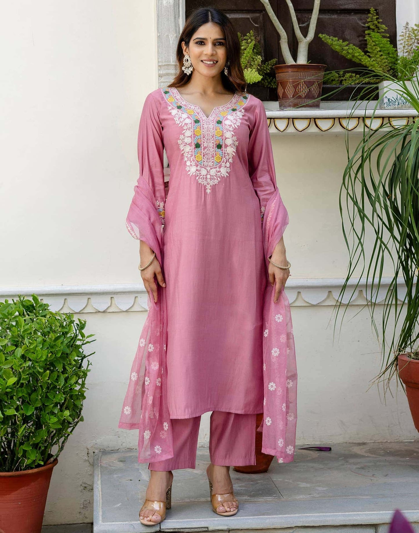 Silk Embroidered Straight Kurta with Pant & Dupatta