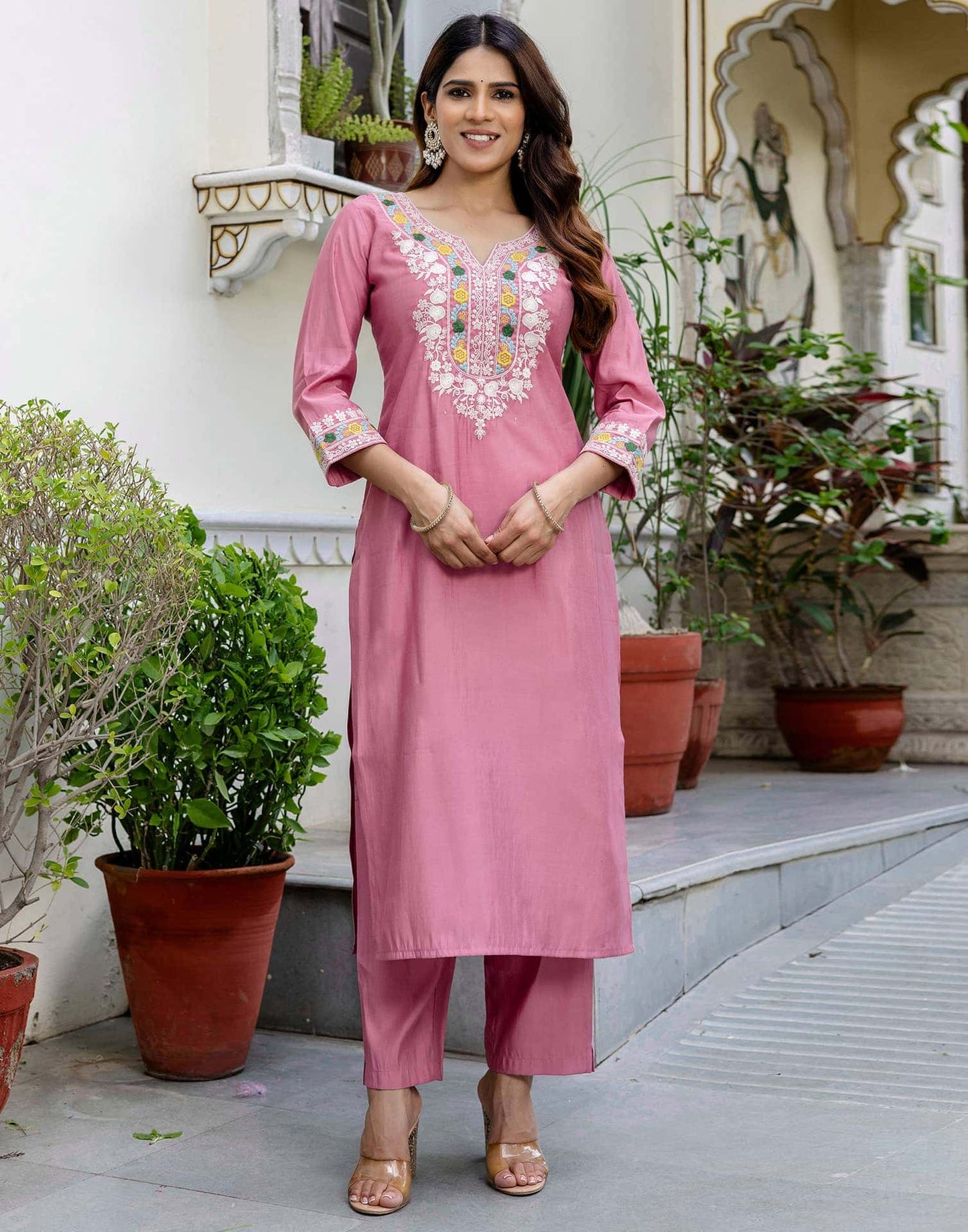 Silk Embroidered Straight Kurta with Pant & Dupatta