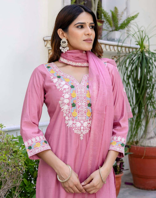 Silk Embroidered Straight Kurta with Pant & Dupatta