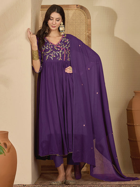 Cotton Embroidered Anarkali Kurta with Pant & Dupatta