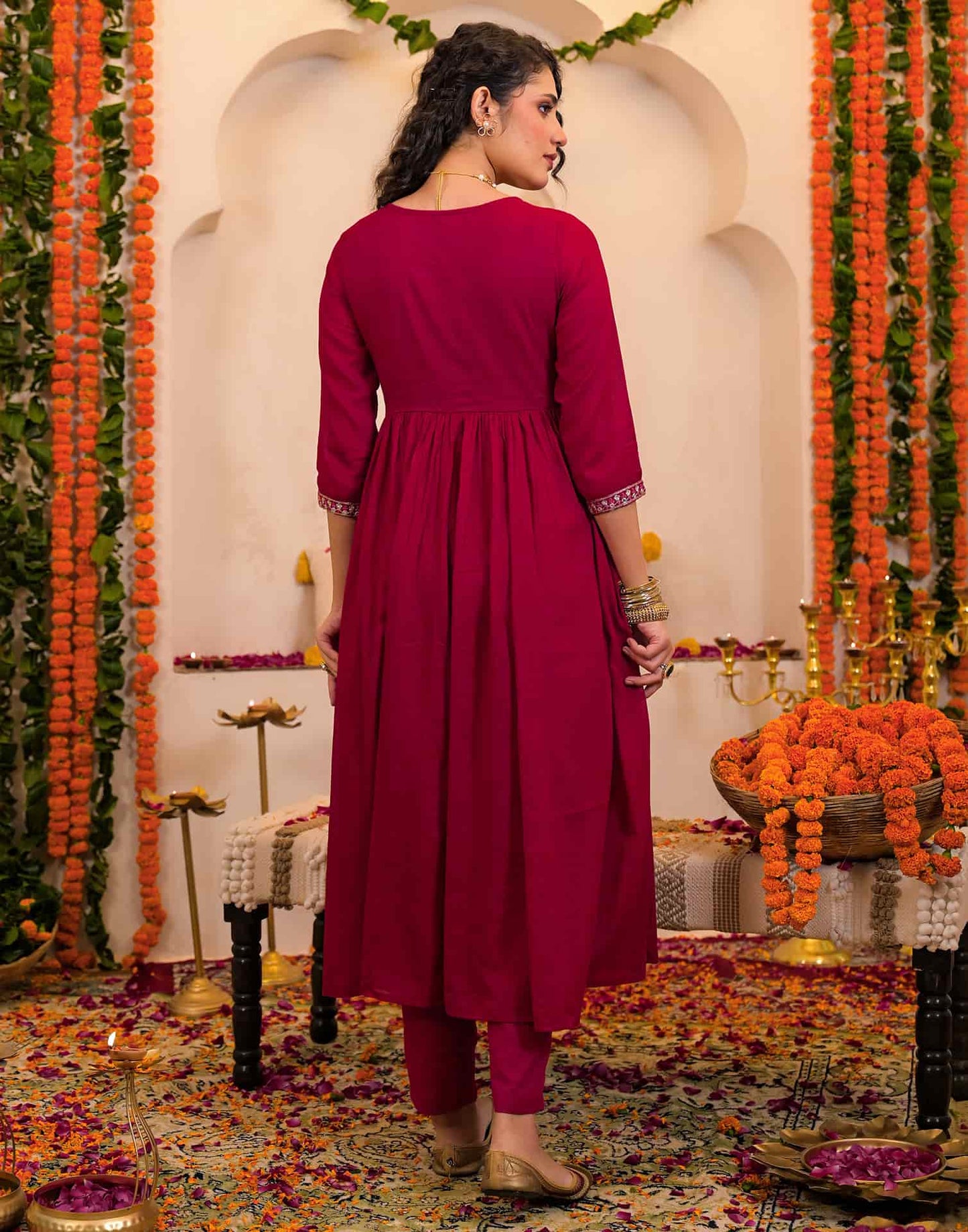 Cotton Embroidered Anarkali Kurta Set with Pant and Dupatta for Women