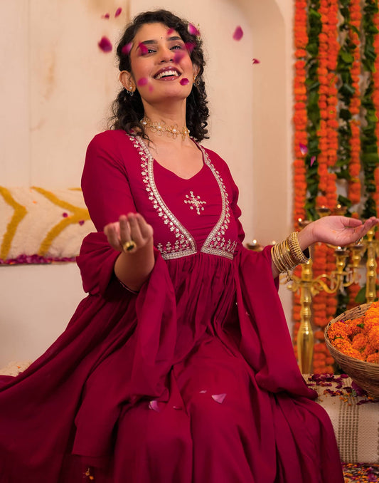 Cotton Embroidered Anarkali Kurta Set with Pant and Dupatta for Women