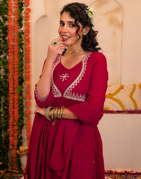 Cotton Embroidered Anarkali Kurta Set with Pant and Dupatta for Women