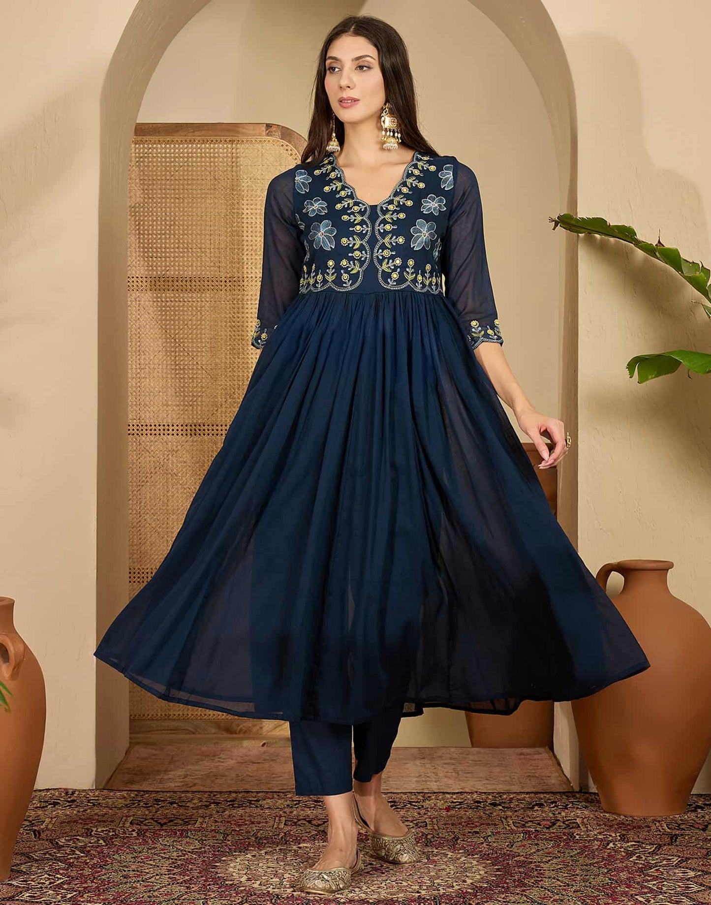 Cotton Embroidered Anarkali Kurta with Pant & Dupatta