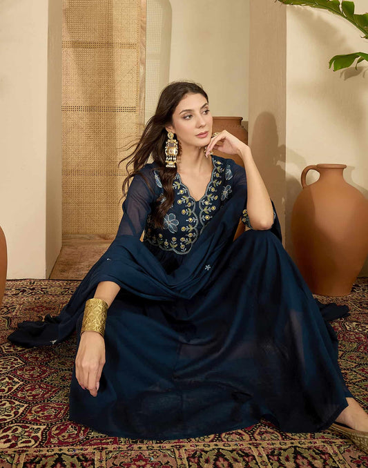 Blue Cotton Embroidered Anarkali Kurta with Pant & Dupatta for Women