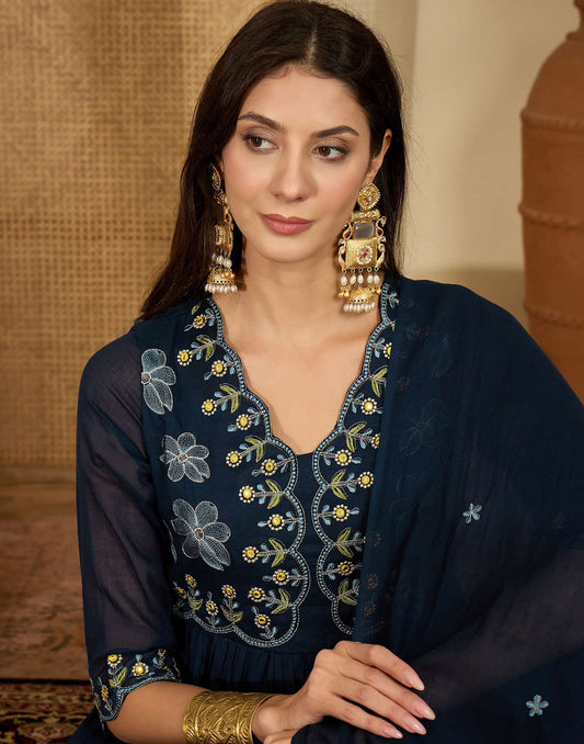 Blue Cotton Embroidered Anarkali Kurta with Pant & Dupatta for Women