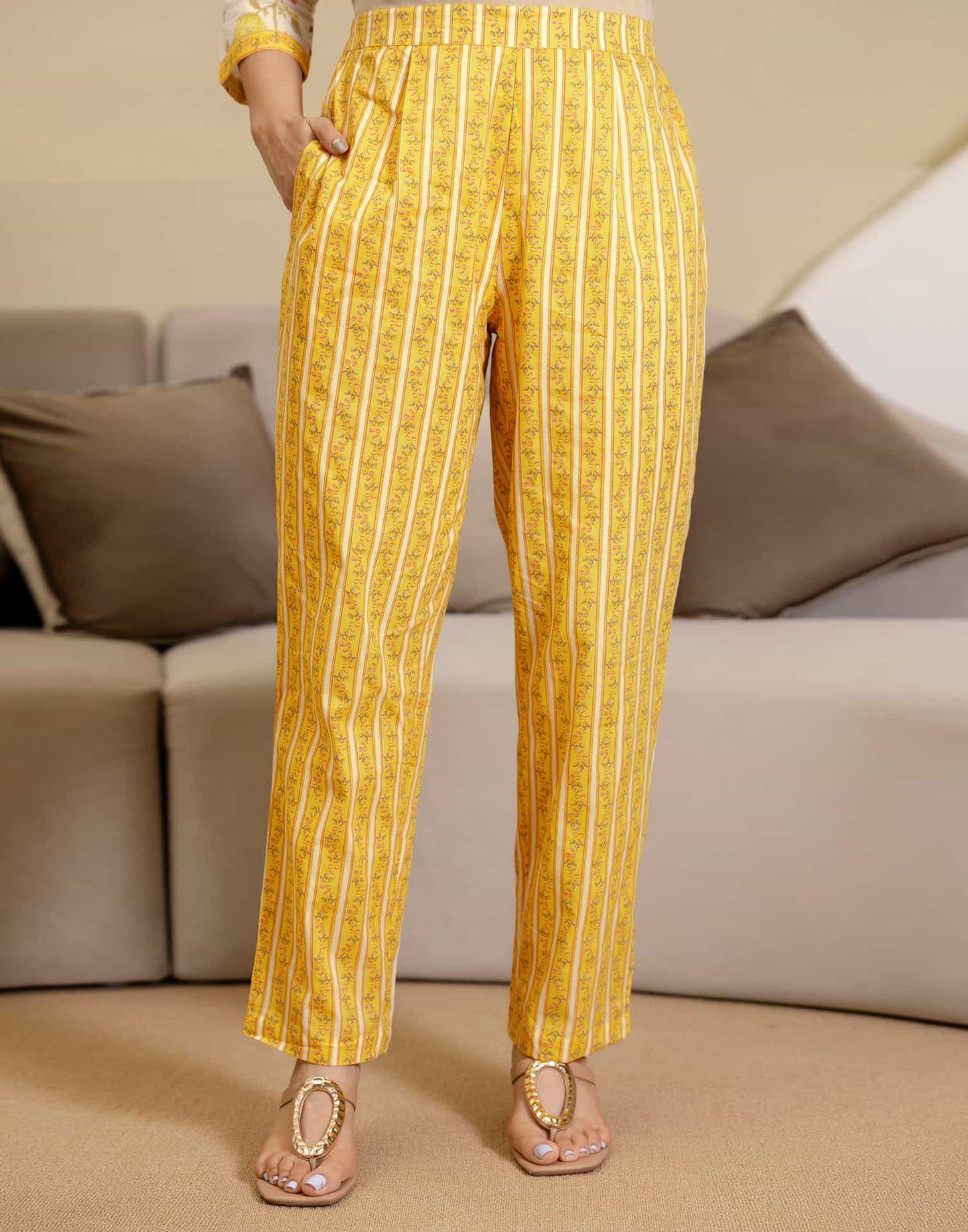 Beige Cotton Printed Straight Kurta with Pant & Dupatta