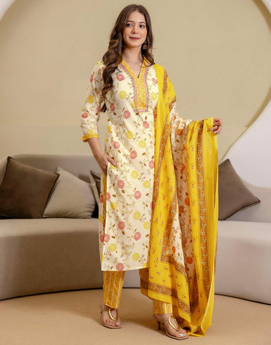 Beige Cotton Printed Straight Kurta with Pant & Dupatta