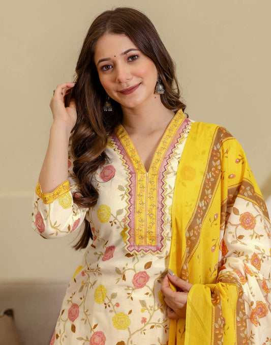 Beige Cotton Printed Straight Kurta with Pant & Dupatta