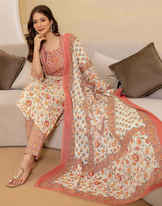 Multi Cotton Printed Straight Kurta with Pant & Dupatta