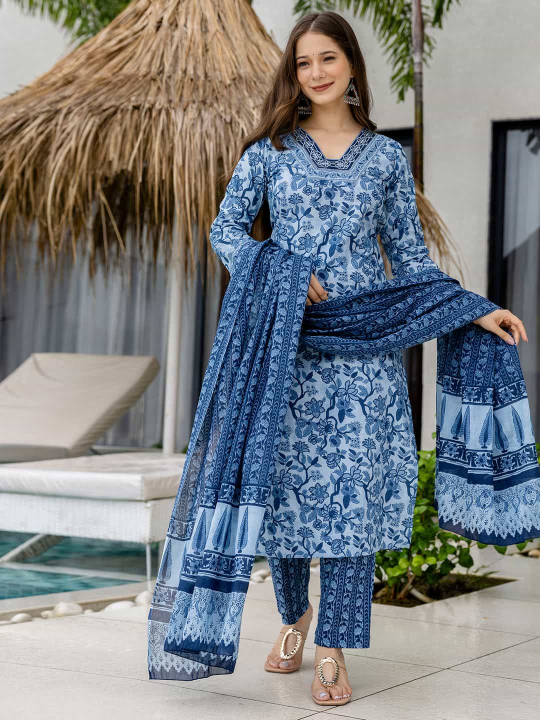 Cotton Printed Straight Kurta with Pant & Dupatta
