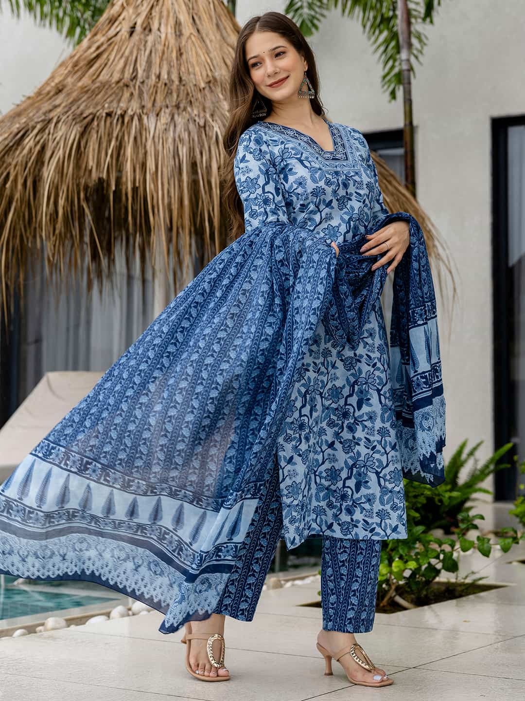 Cotton Printed Straight Kurta with Pant & Dupatta