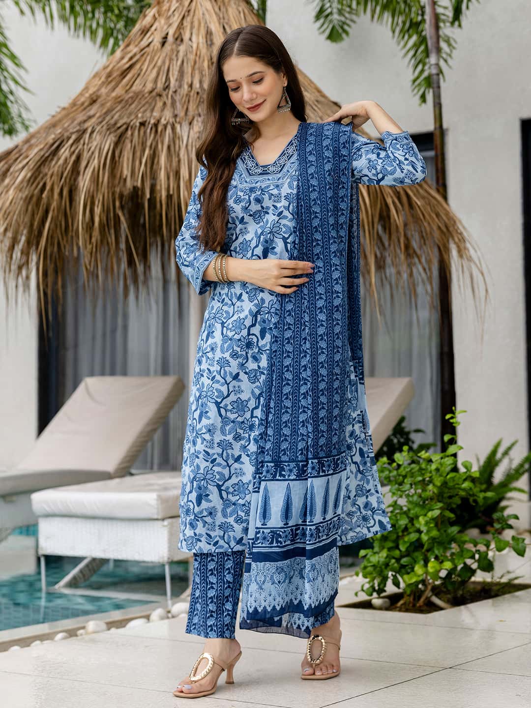 Cotton Printed Straight Kurta with Pant & Dupatta