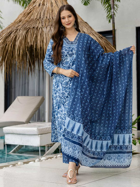 Cotton Printed Straight Kurta with Pant & Dupatta